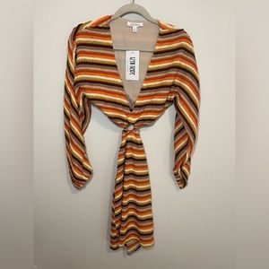 12th Tribe Free Bird Multi Crochet Long Sleeve Mini Dress